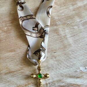 Silk Scarf 18kt Gold Plated Tarnish Resistant Green Center Cross Necklace